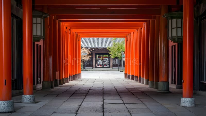 Generative AI Elegant Japanese Torii Gate Leading to Traditional Shrine Courtyard business concept. royalty free stock photo
