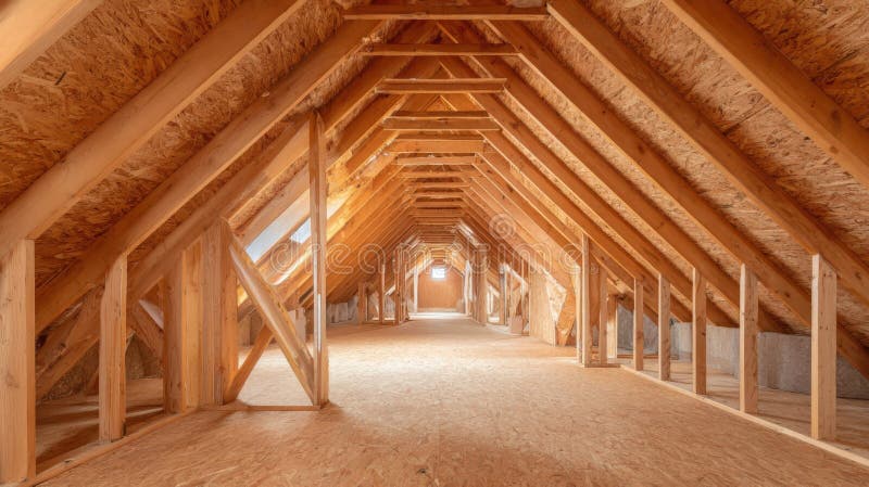 Generative AI Exposed Rafters and Beams in Attic Framing Construction Showcasing Carpentry and Structural Design o stock illustration