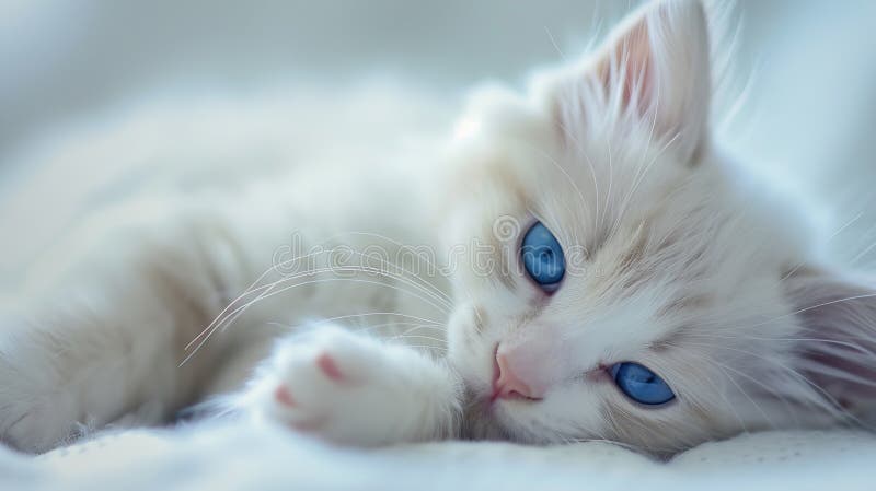 În general, o familie de pisoi zac și dorm încolțit, pisoi alb drăguț cu ochi albaștri, care arată cu atenție afaceri stock photo