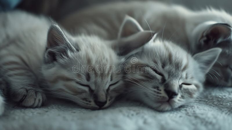 În general, o familie de pisoi zac și dorm încolțit, pisoi alb drăguț cu ochi albaștri, care arată cu atenție afaceri stock photo