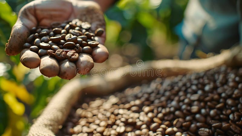 Fermierii producători de Ai recoltează boabe de cafea și le usucă la soare pentru a reduce umiditatea boabelor de cafea și pentru stock illustration