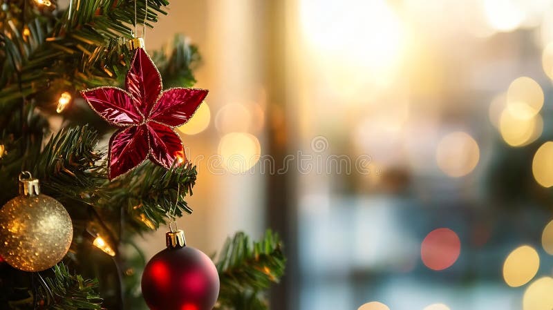 Generative AI : Festive Christmas Tree Decorated with Ornaments and Warm Lighting Bokeh business concept. Lighting bokeh illustrations