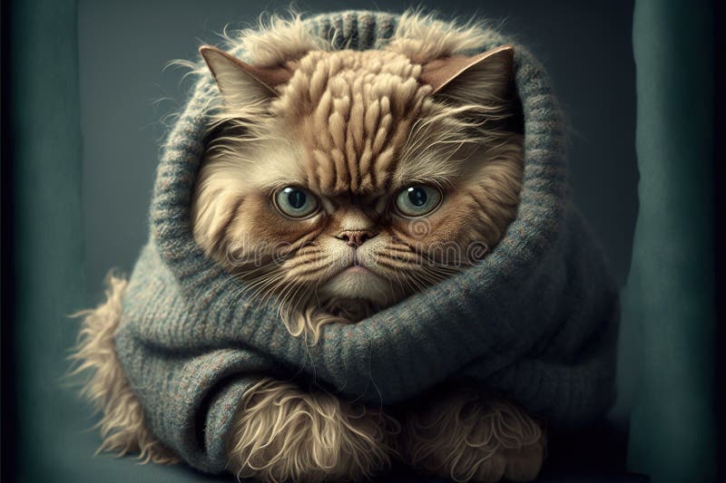 Fluffy Cat in Warm Clothes. Generative AI Stock Illustration