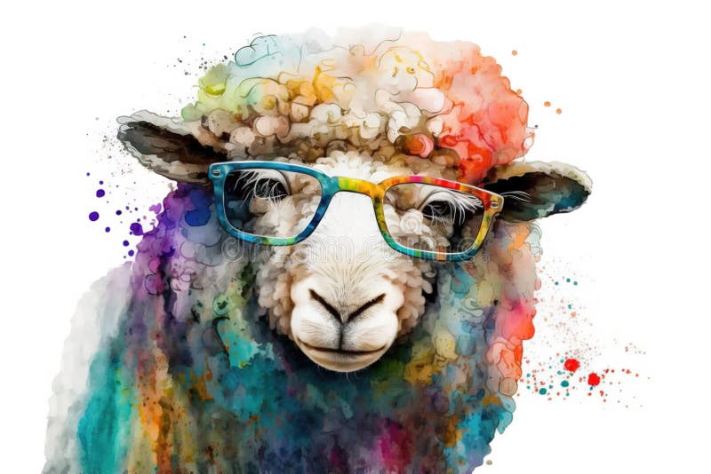 Generative AI. Funny sheep with glasses, animal portrait. Watercolor illustration. Farm animal