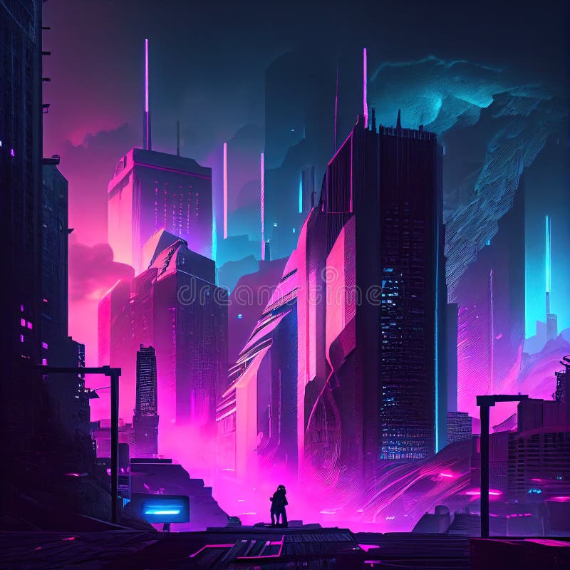 Generative AI: Futuristic Sci-fi City in Neon Colors Stock Illustration ...