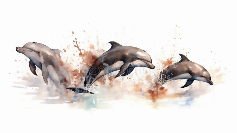 Generative AI, Graceful Leaps: Watercolor Drawing of Dolphins in Mid-Air