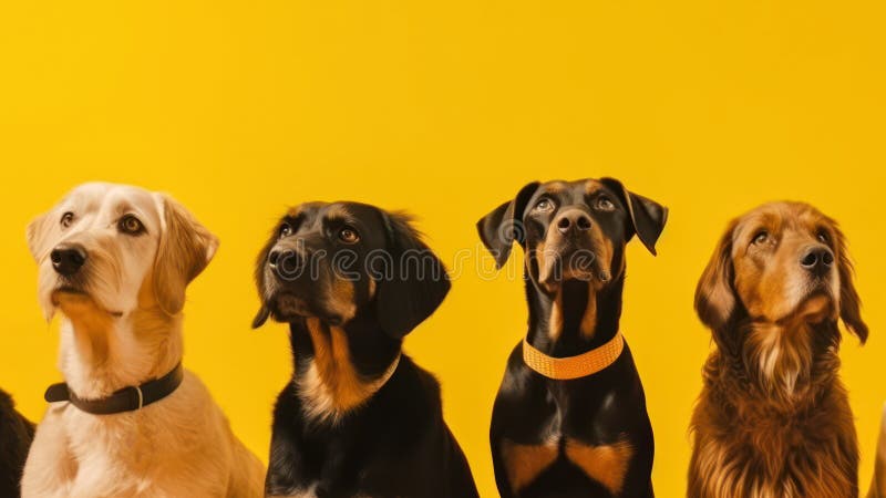 Group sitting dogs on yellow background generative ai stock illustration