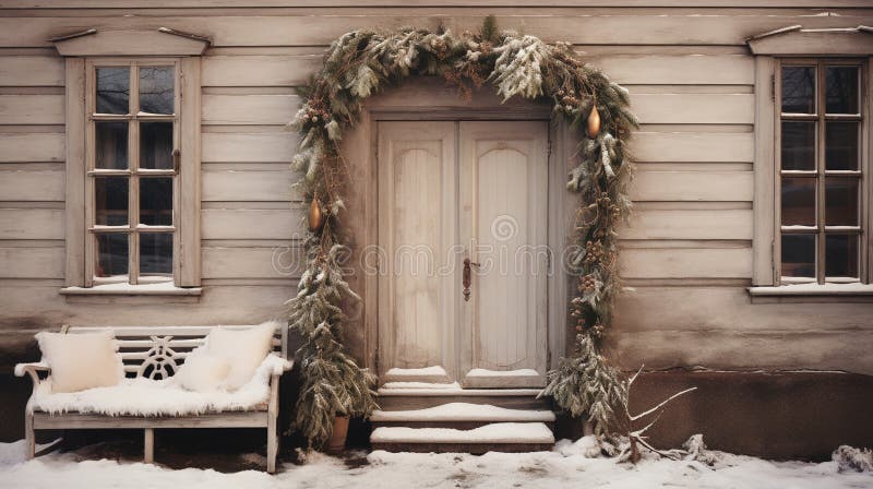 Generative AI, House front in the winter with Christmas decoration, wreath and garland.