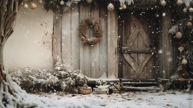 Generative AI, House front in the winter with Christmas decoration, wreath and garland.