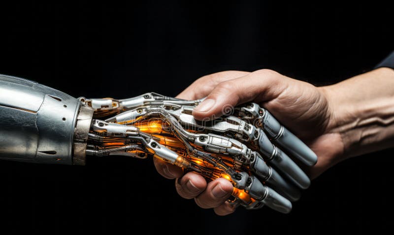 Generative AI. Human hand grasping a robotic hand, symbolizing the intersection of humanity and artificial intelligence in modern technology. Generated with the use of AI