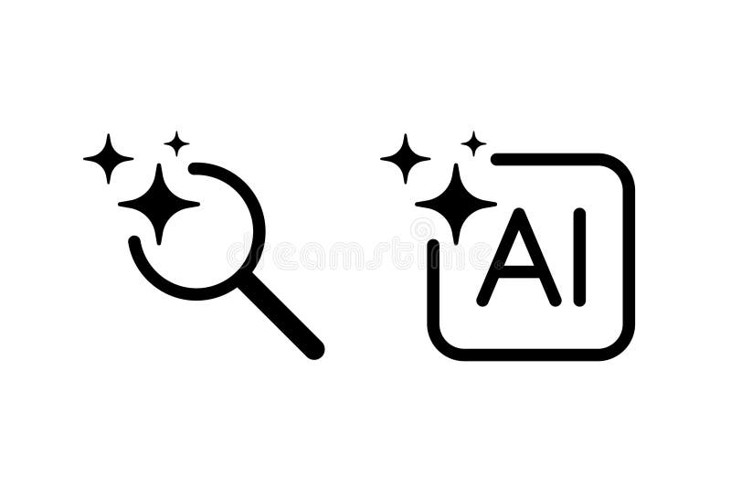 Generative AI icon. Search icon with magic sparkle stars symbol. Search magnifying glass icon. Artificial intelligence sign vector illustration