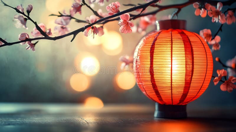 Generative AI Illuminated Red Chinese Lantern and Blossoms Create Enchanting Atmosphere business concept. royaltyfri fotografi