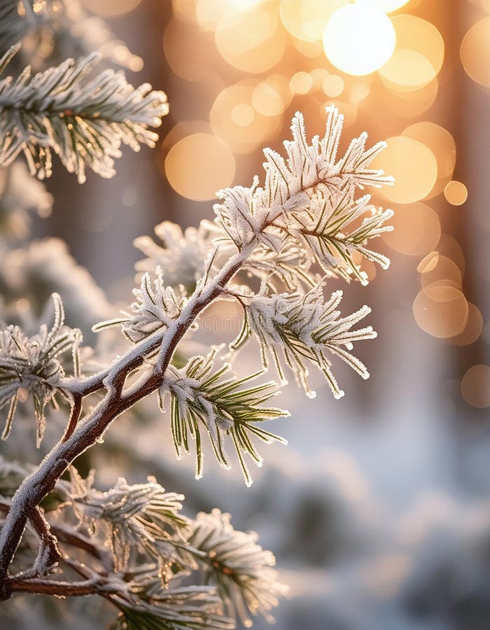 A generative AI illustration of a frosted pine branch against a soft golden sunrise stock illustration