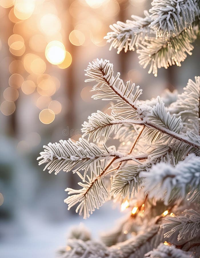 A generative AI illustration of a frosted pine branch against a soft golden sunrise royalty free illustration