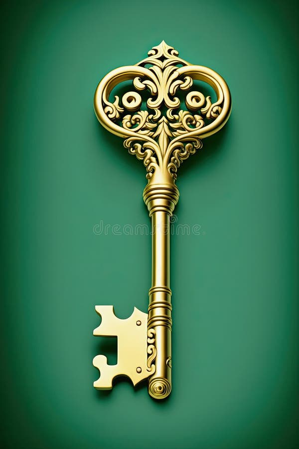 A golden key on green background, illustration royalty free illustration.