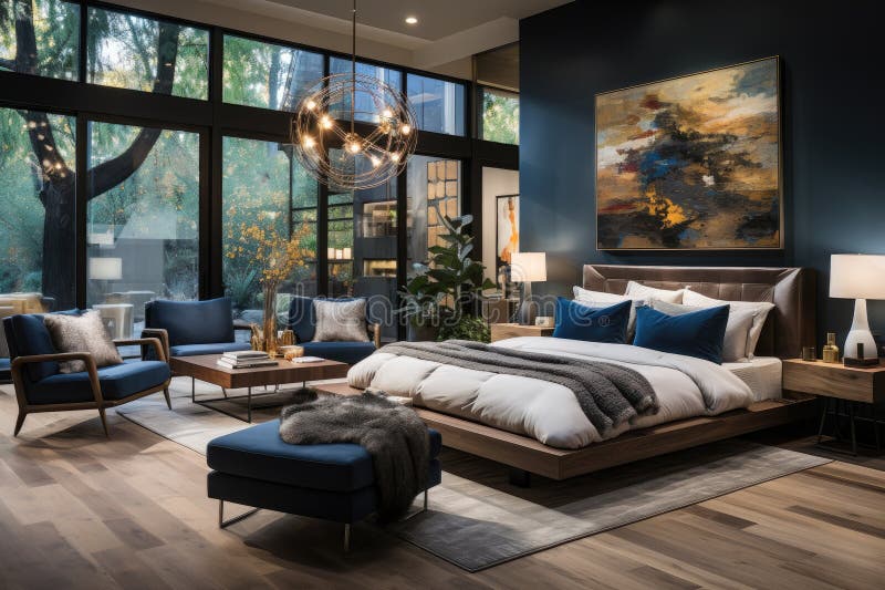 Generative ai illustration of modern and spacious bedroom royalty free illustration