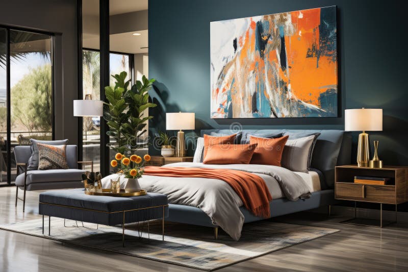 Generative ai illustration of modern and spacious bedroom royalty free illustration