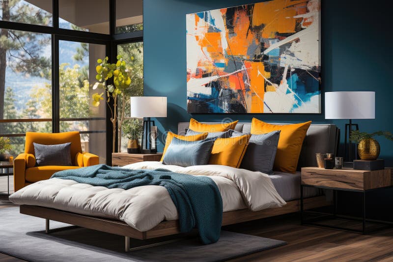Generative ai illustration of modern and spacious bedroom royalty free illustration