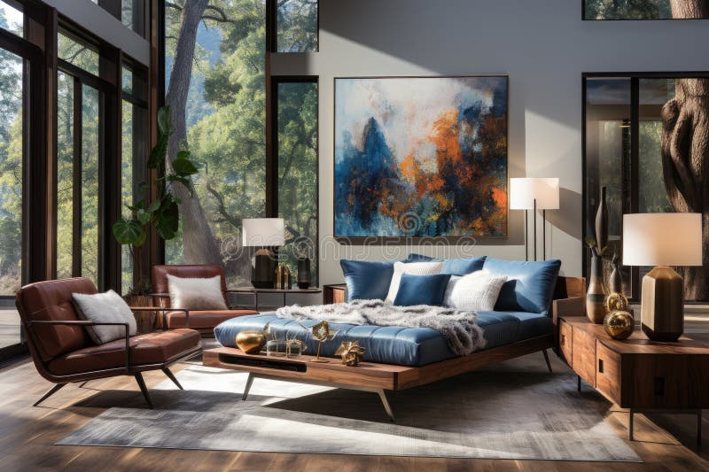 Generative ai illustration of modern and spacious bedroom stock illustration