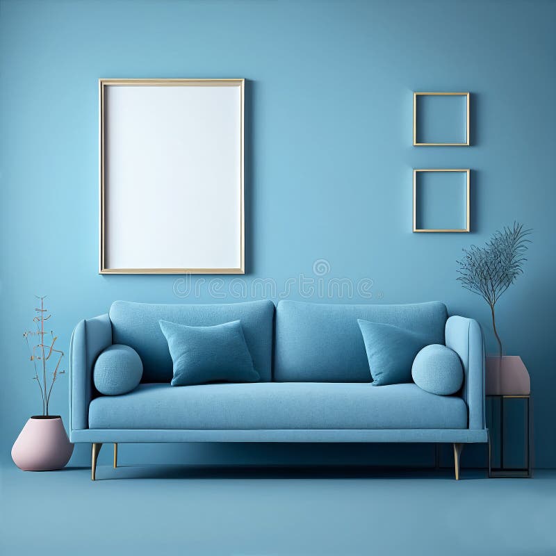 Generative Ai Illustration of a Soft Blue Sofa on Blue Background Stock