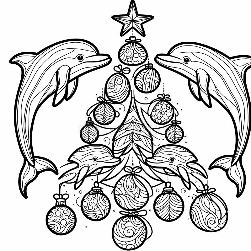 Marine Marvels: a Christmas Dolphin Coloring Page. Stock Illustration ...