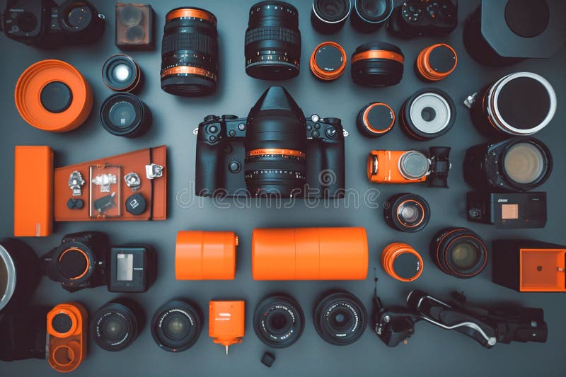 Generative Ai Image of Generic Camera Bodies and Lenses in a Flat Lay