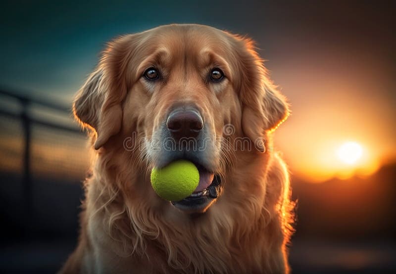 Generative AI Image of a Golden Retriever with a Ball in Its Mouth