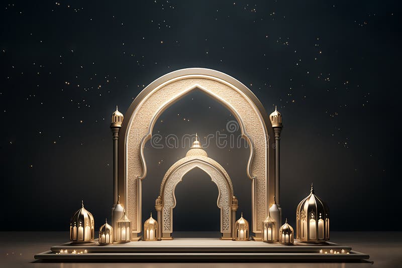 Imagine generativă a ușii moschei de intrare cu decorarea lanternelor islamice pe fond întunecat royalty free illustration