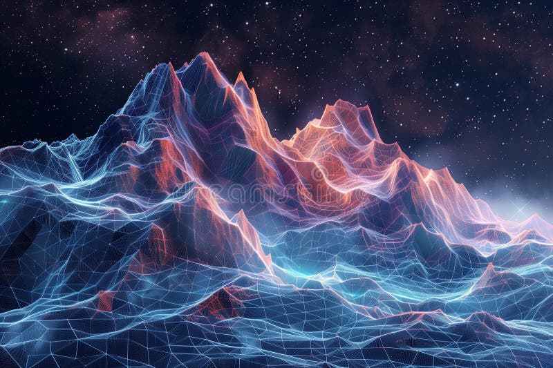 Generative AI Image of Mountains with Glowing Edges stock illustration