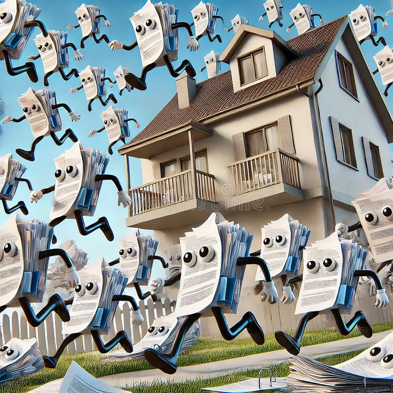 Generative AI image of multiple documents, such as papers and files, with legs, frantically running away from a house. The royalty free illustration