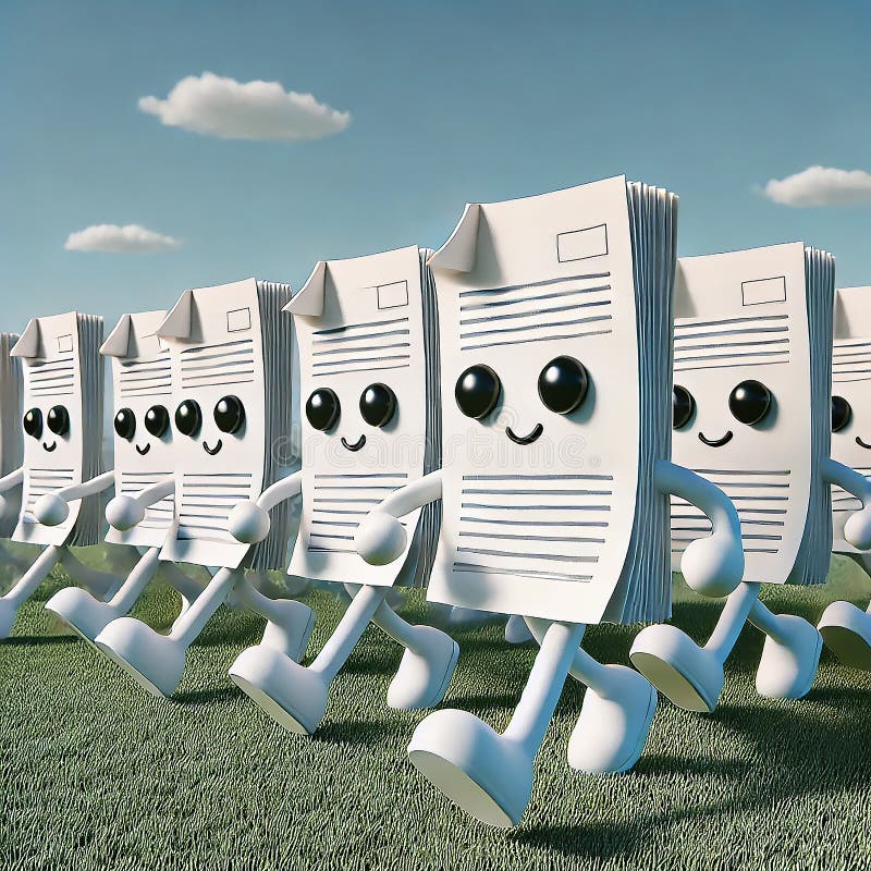 Generative AI image of multiple documents, such as papers and files, with legs, frantically running away from a house. The royalty free illustration
