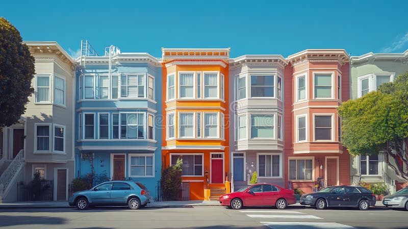 Generative AI Image of Pastel Colorful Apartment at City with Green Tree Plant at Bright Cloud Sky vector illustration