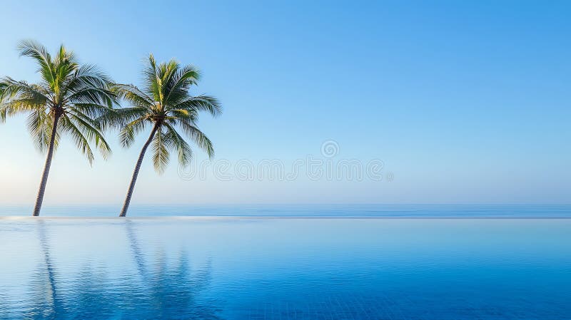 Generative AI Image of Swimming Pool by the Ocean with Palm Tree at Bright Sky Wallpaper stock illustration