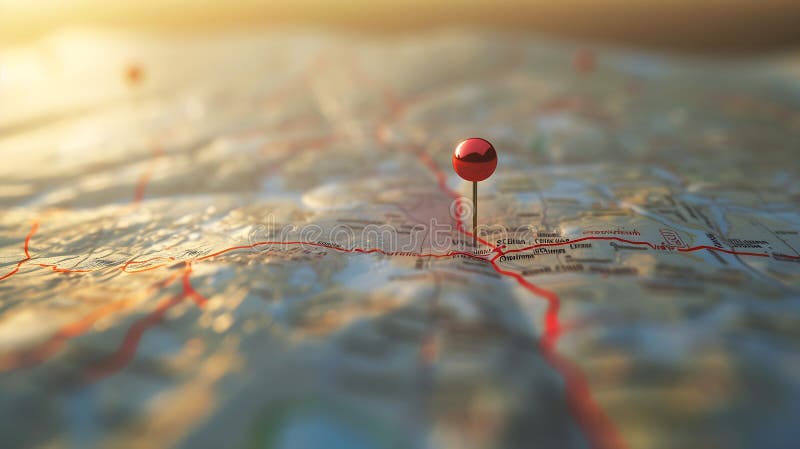 Generative AI Location marking with a pin on a map with routes. Find your way. Adventure, discovery, navigation, c stock illustration