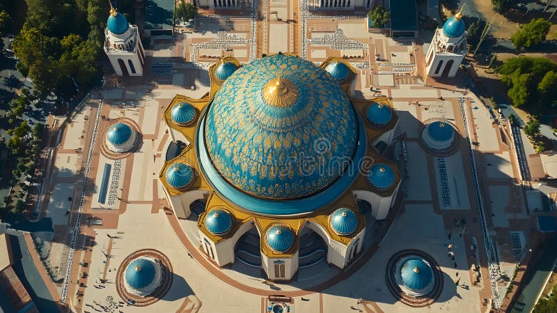 Generative AI-Luftaufnahme der Grand Mosque mit atemberaubendem Geschäftskonzept Blue and Gold Dome Architecture. lizenzfreie abbildung