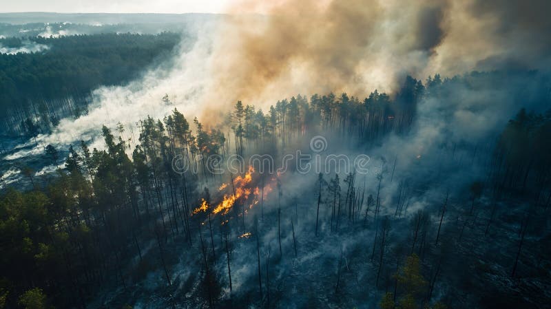 Generative AI Luftaufnahme von Waldbränden mit Thick Smoke Clouds Geschäftskonzept. stockbilder