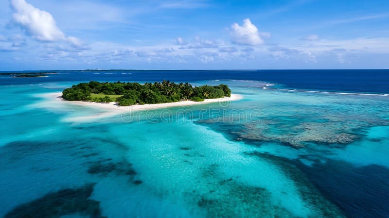 Generative AI Luftsicht auf eine atemberaubende tropische Insel mit klarem blauem Wasser und üppiger Vegetation auf den Malediven vektor abbildung