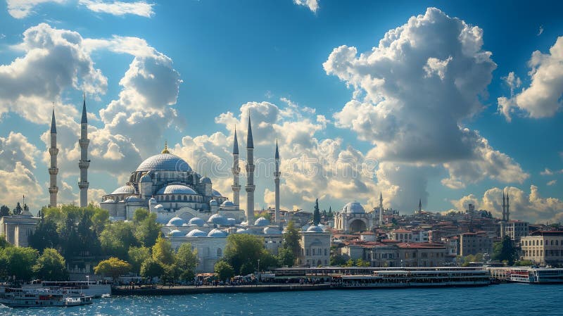 Generative AI Magnifical Istanbul Blue Mosque unter dramatisch bewölktem Himmel mit Scenfront View Business conc. Generative AI : Wunderschöne blaue Moschee Istanbul unter dramatischer Wolke mit Scenic Waterfront View Business Concept.