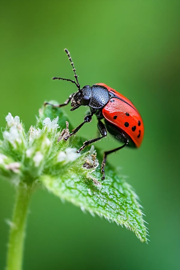 Generative AI Makro Shot of the Beautiful Red Beetle Crawling on the Leaf business concept. zdjęcia stock