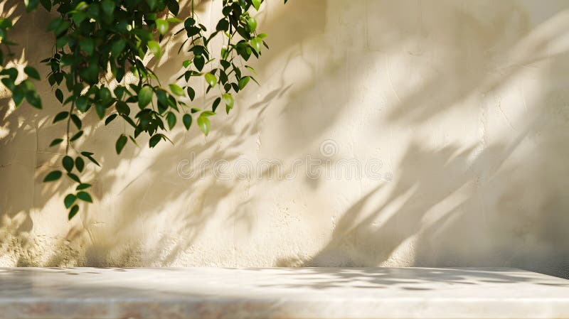 Generative AI Minimal empty white marble stone counter table top green tree in sunlight leaf shadow on beige brown stock illustration