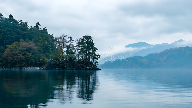 Generative AI Misty Lake con tranquillo progetto di costa e di montagna distante. immagine stock libera da diritti