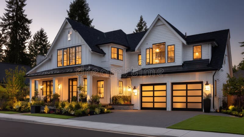 Generative AI Modern spaziosa casa bianca con garage di grandi dimensioni e illuminazione interna calda al concetto di business de immagine stock libera da diritti