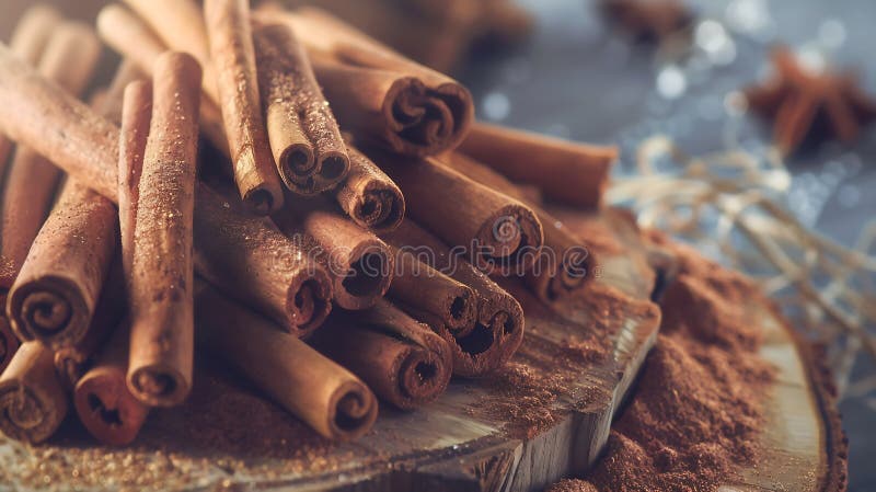 Generative ai muchos palos de canela están decorados sobre una mesa de madera con polvo de canela colocado sobre un plato de canel. Ai generativo : muchos palos de canela están decorados sobre una mesa de madera con un polvo de canela colocado sobre un platillo cinnamomum aporta muchos beneficios para el cuerpo y el autobús de la piel