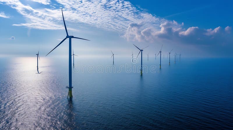 Generative AI : offshore windmill park with clouds and a blue sky, windmill park in the ocean aerial view with wind turbine Flevoland Netherlands Ijsselmeer. Green energy business. Generative AI : offshore windmill park with clouds and a blue sky, windmill park in the ocean aerial view with wind turbine Flevoland Netherlands Ijsselmeer. Green energy business