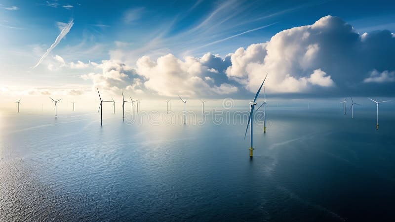 Generative AI : offshore windmill park with clouds and a blue sky, windmill park in the ocean aerial view with wind turbine Flevoland Netherlands Ijsselmeer. Green energy business. Generative AI : offshore windmill park with clouds and a blue sky, windmill park in the ocean aerial view with wind turbine Flevoland Netherlands Ijsselmeer. Green energy business