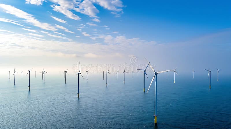 Generative AI : offshore windmill park with clouds and a blue sky, windmill park in the ocean aerial view with wind turbine Flevoland Netherlands Ijsselmeer. Green energy business. Generative AI : offshore windmill park with clouds and a blue sky, windmill park in the ocean aerial view with wind turbine Flevoland Netherlands Ijsselmeer. Green energy business