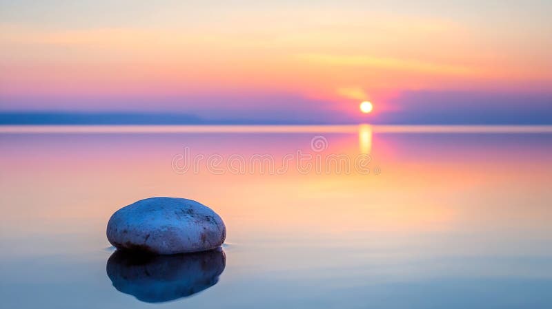 Generative AI Peaceful Sunset Reflection Over Calm Water with a Stone business concept. stock photo