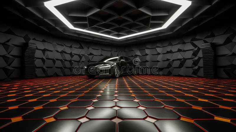 Photo of a Sophisticated Car Garage Illuminated by Chic Hexagon Lights vector illustration