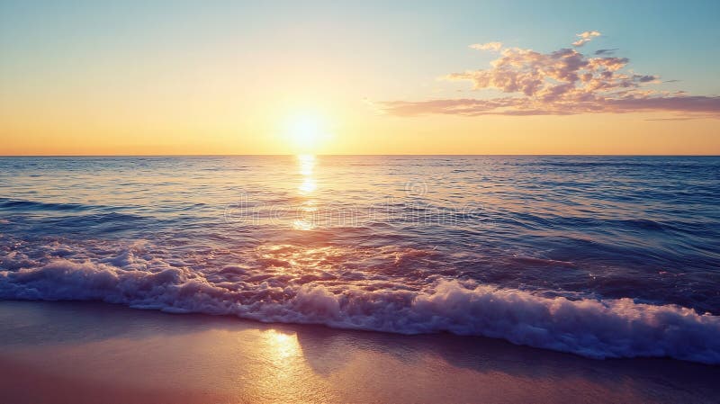 Generative AI Piękny zachód słońca nad spokojnymi wodami oceanicznymi z koncepcją biznesową Glittering Waves. obraz stock