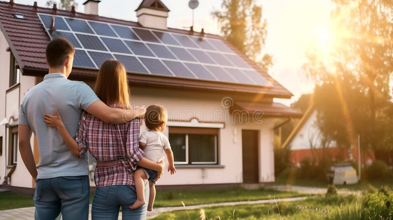 Generative AI Rear view of family near their house with solar panels. Alternative energy, saving resources and sus stock image